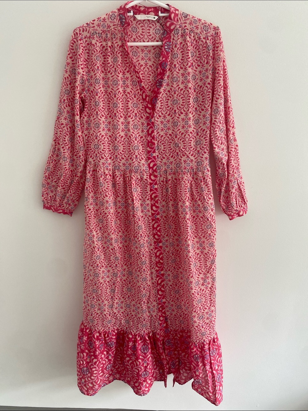 Zara Boho Ruffle Pink Maxi L/S Lightweight Cotton Dress XS